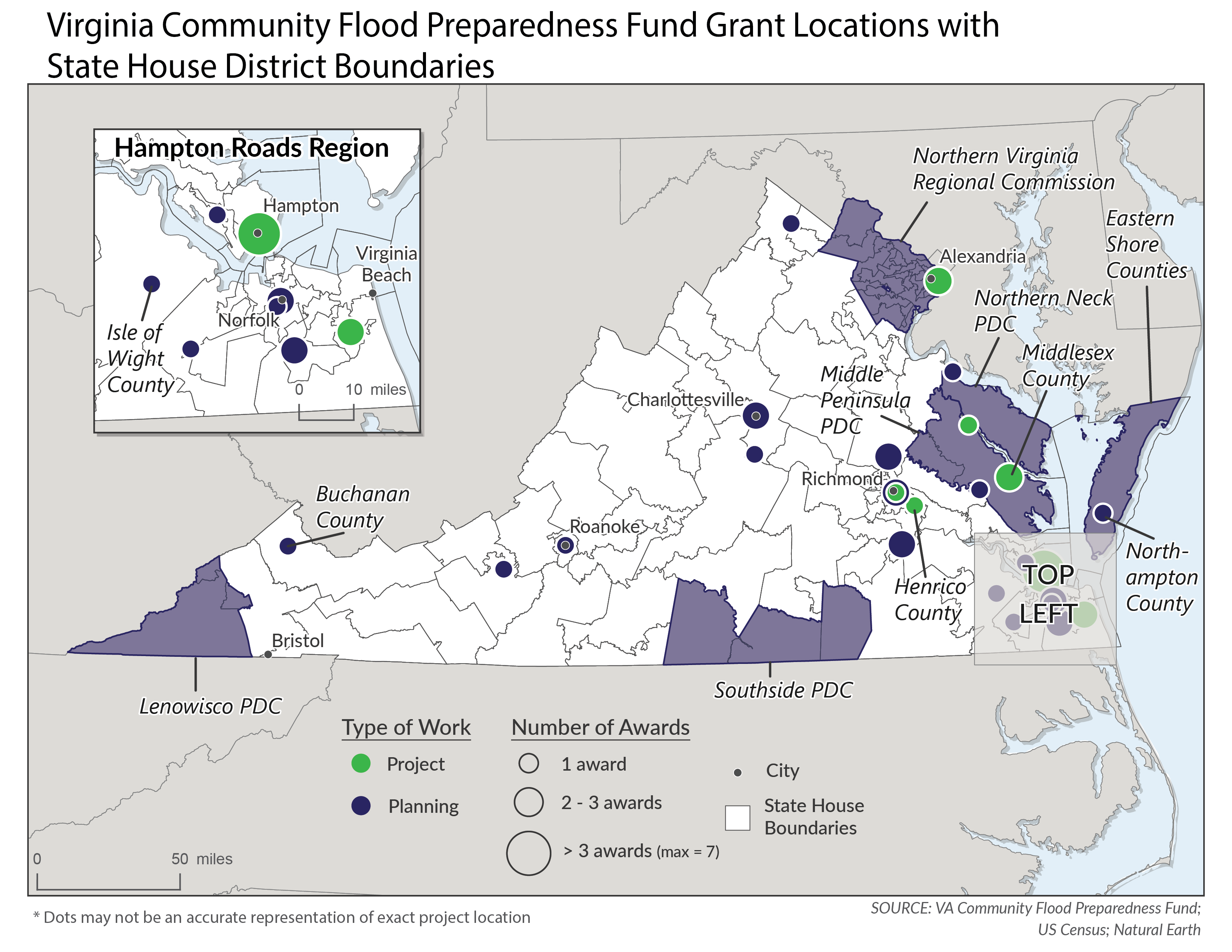 Community Flood Preparedness Fund grant locations with House district boundaries