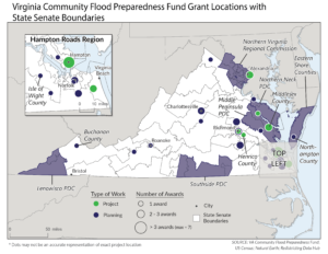 Virginia Community Flood Preparedness Fund Grant Locations with Senate district boundaries.
