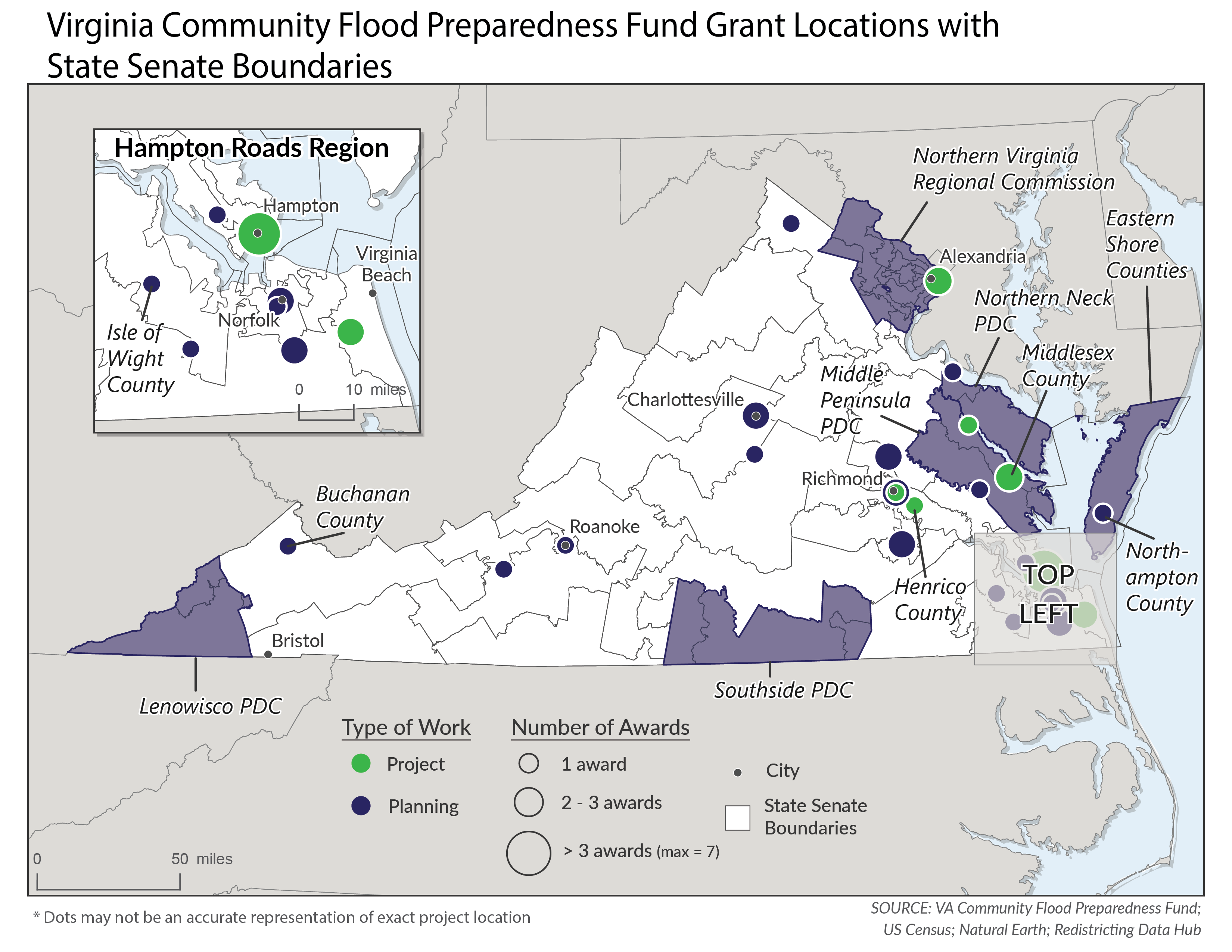Virginia Community Flood Preparedness Fund Grant Locations with Senate district boundaries.