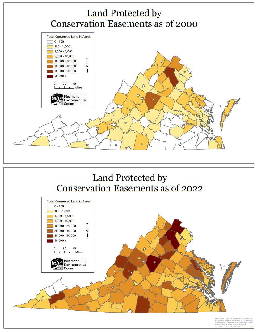This map shows the amount of protected land in each county of Virginia, comparing the amount from 2000 to 2022. Thanks to the LPTC, the amount of land protected by conservation easements have rapidly increased in the last two decades. Map credit: Watsun Randolph, Piedmont Environmental Council